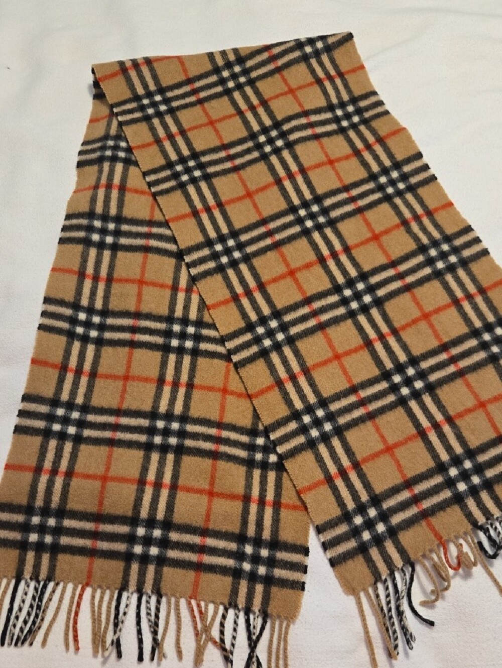 Burberry Tan Plaid Cashmere Scarf with Black and Red Check